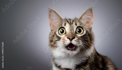 Surprised looking cat with a funny and excited face expression, concepts, ideas, grey gradient background, copy space