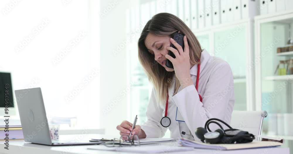 Woman doctor in uniform talks on phone sitting at workplace in hospital. Busy blonde medic listens to patient with attention providing advices Woman doctor in uniform talks on phone sitting at workplace in hospital. Busy blonde medic listens to patient with attention providing advices