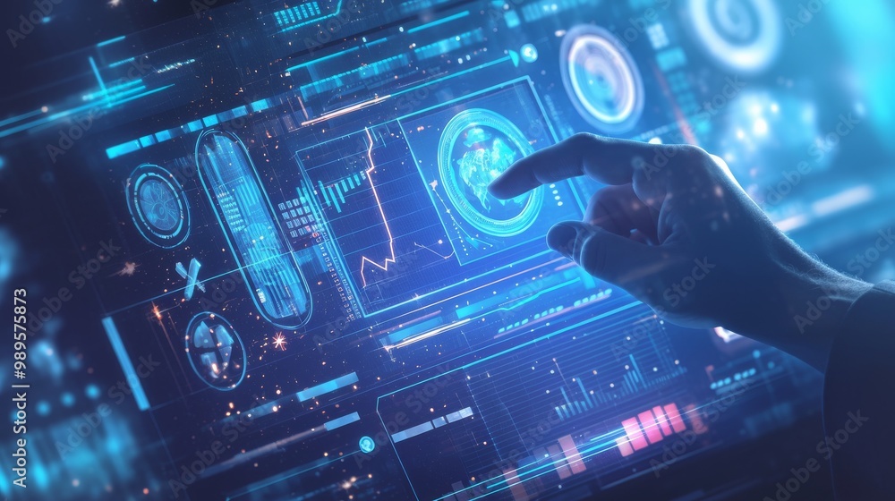 person's hand interacting with a transparent holographic display person's hand interacting with a transparent holographic display