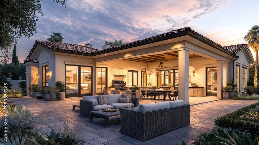 New luxury home exterior at sunset. features large covered patio with ...