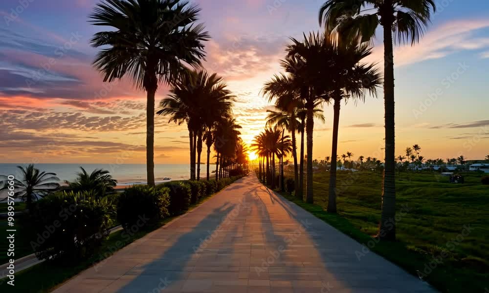 Palm tree lined pathway at sunset video Palm tree lined pathway at sunset video