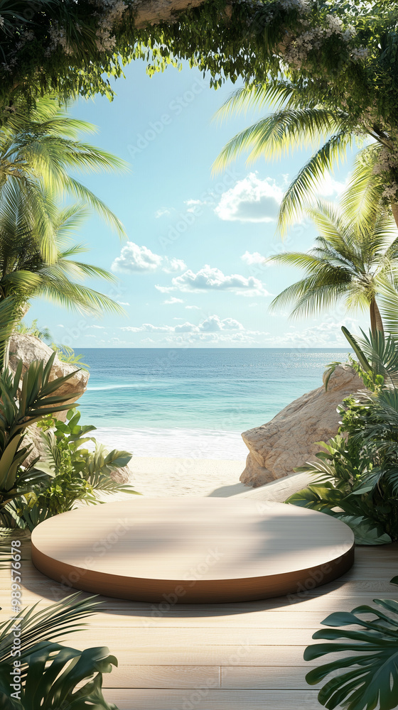 Fototapeta premium Product display podium with tropical beach background, 3d