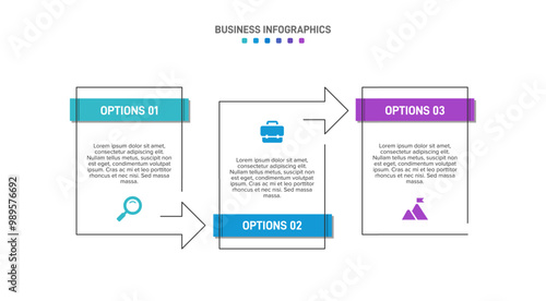 Horizontal progress bar featuring 3 arrow-shaped elements, symbolizing three six stages of business strategy and progression. Clean timeline infographic design template. Vector for presentation