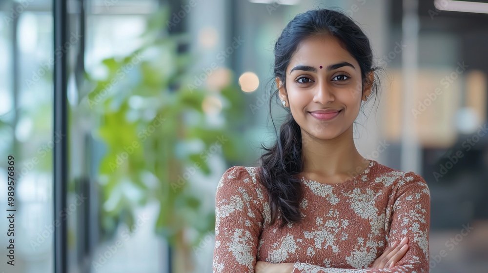 Cheerful indian girl standing at home office looking at camera.