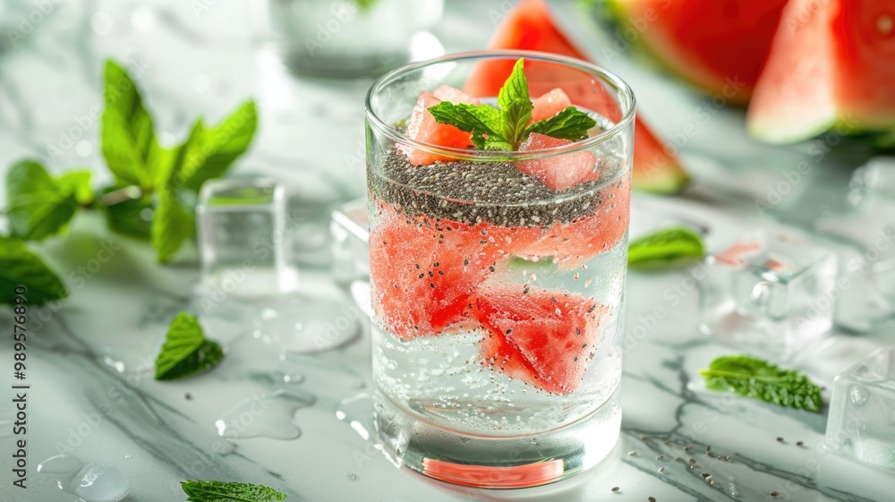 Refreshing watermelon and chia seed drink with mint garnish Refreshing watermelon and chia seed drink with mint garnish
