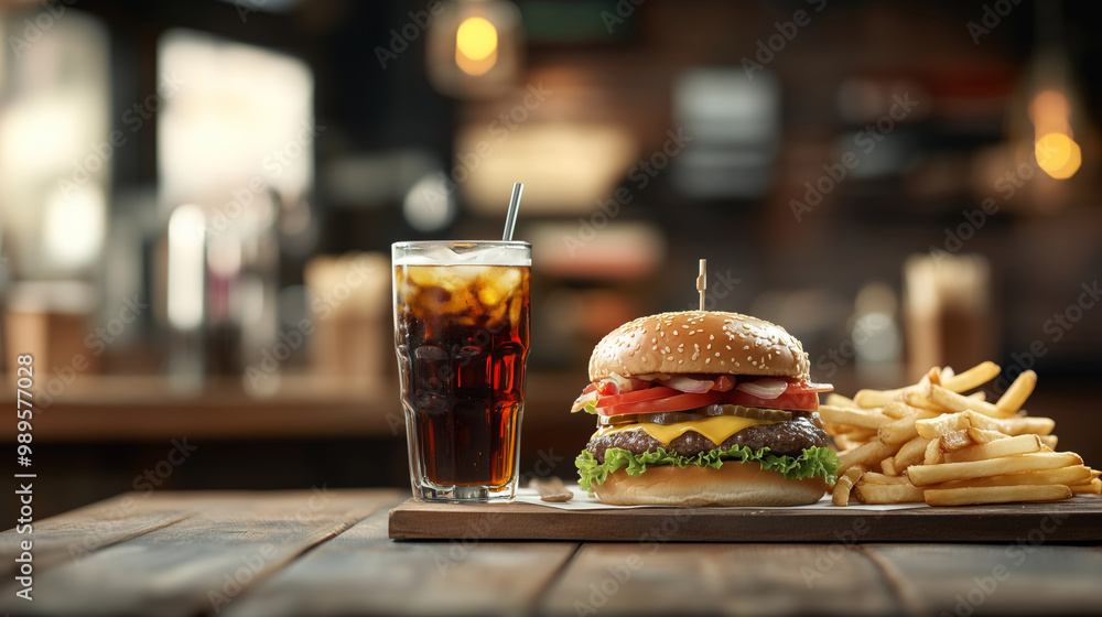 Cheeseburger with lettuce, tomato, and fries served with a glass of soda on a wooden tray. Perfect for fast food restaurant menu, advertising, and editorial use in food-related articles Cheeseburger with lettuce, tomato, and fries served with a glass of soda on a wooden tray. Perfect for fast food restaurant menu, advertising, and editorial use in food-related articles