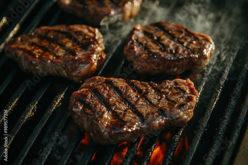 Grilled Steaks on a Barbecue with Char Marks and Smoke. A close-up shot of sizzling steaks on a grill, perfect for themes of cooking, outdoor BBQs, and food preparation. photo