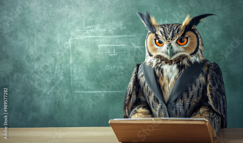 Wise Owl Teacher in a Suit Standing in Front of a Chalkboard. A humorous and creative image of an owl dressed as a teacher, great for education, wisdom, or knowledge-related concepts. photo