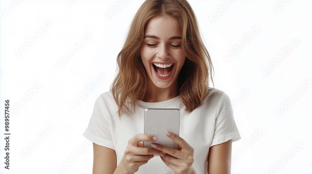 Excited young woman looking at her mobile phone smiling. woman reading text message on her phone isolated over white background. Excited young woman looking at her mobile phone smiling. woman reading text message on her phone isolated over white background.