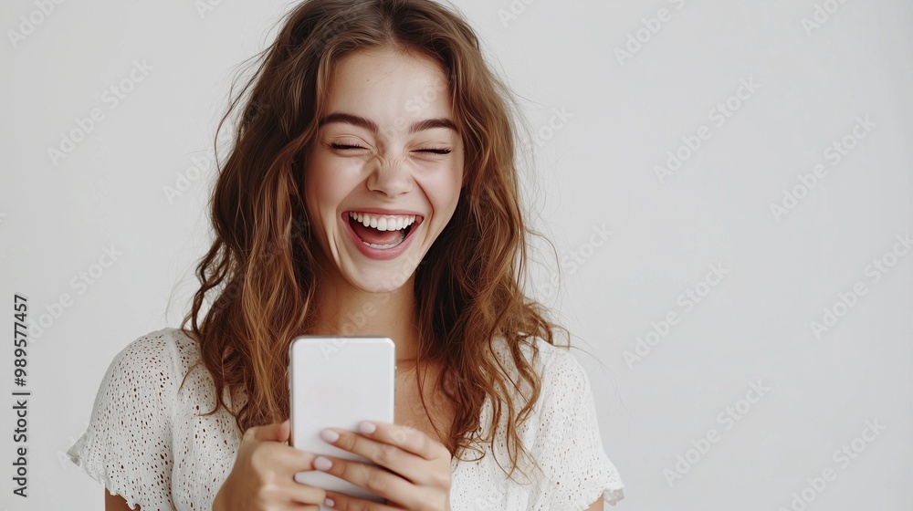 Excited young woman looking at her mobile phone smiling. woman reading text message on her phone isolated over white background. Excited young woman looking at her mobile phone smiling. woman reading text message on her phone isolated over white background.