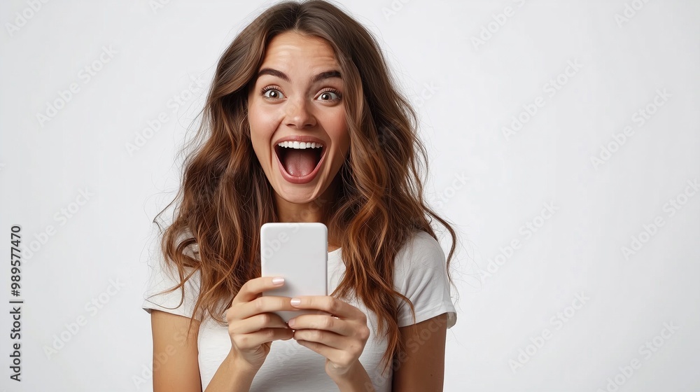 Excited young woman looking at her mobile phone smiling. woman reading text message on her phone isolated over white background. Excited young woman looking at her mobile phone smiling. woman reading text message on her phone isolated over white background.