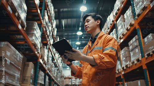 Young asian man worker doing stocktaking of product in cardboard box on shelves in warehouse by using digital tablet and pen. physical inventory count concept.