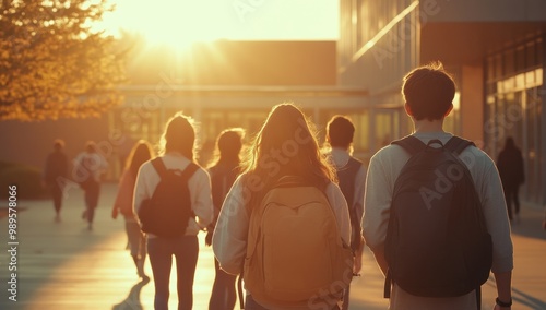 A group of high school students walks towards the entrance to their building, each carrying backpacks and wearing casual , with sunlight shining on them from behind Generative AI photo