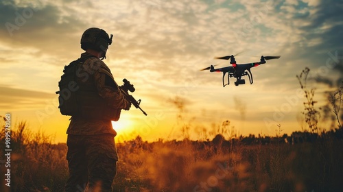 Soldier s silhouette operating drones for military combat and reconnaissance missions