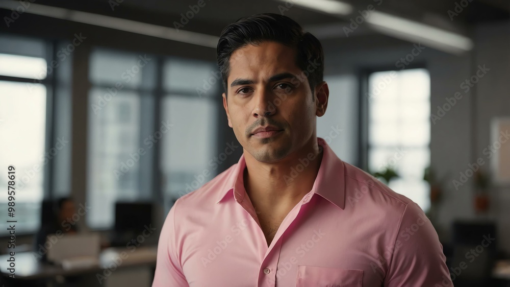 Fototapeta premium twenties hispanic man in pink attire on office background model portrait looking confident for ad concept space for text