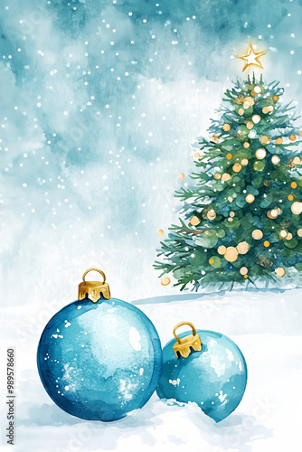 Watercolor Blue Christmas Ornaments in Snow with Decorated Tree, Festive Winter Scene, Holiday Illustration with Copy Space 