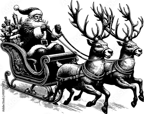 Santa Claus Riding In The Christmas Sleigh With Reindeer