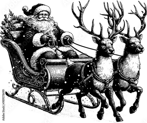 Santa Claus Riding In The Christmas Sleigh With Reindeer