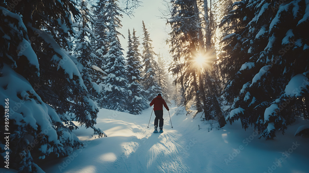 A snowboarder navigating a dense forest trail snow-covered trees towering overhead casting long shadows in the late afternoon light.