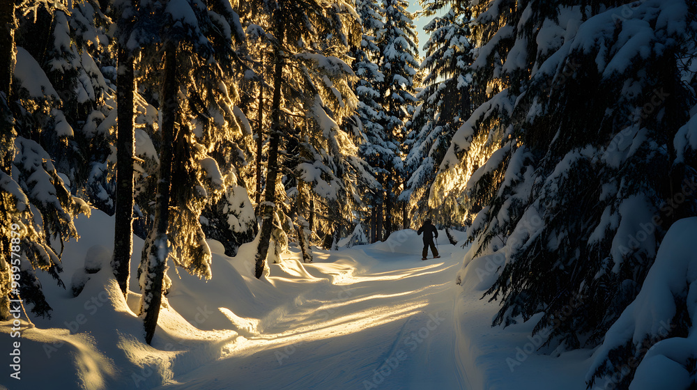 A snowboarder navigating a dense forest trail snow-covered trees towering overhead casting long shadows in the late afternoon light.