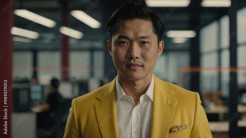 Obraz premium twenties asian man in yellow attire on office background model portrait looking confident for ad concept space for text