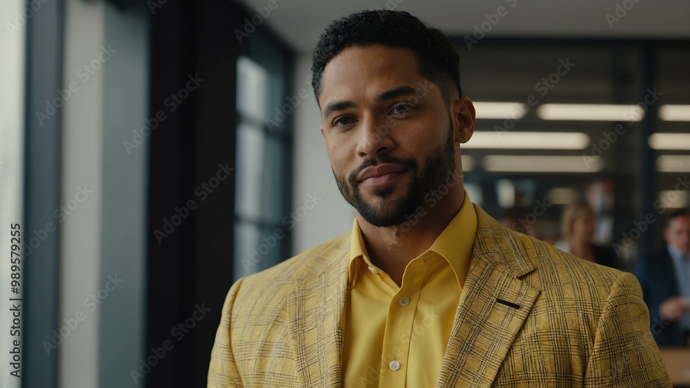 Obraz premium twenties american man in yellow attire on office background model portrait looking confident for ad concept space for text