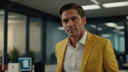 Free Download twenties american man in yellow attire on office background model portrait looking confident for ad concept space for text - GFXLoad