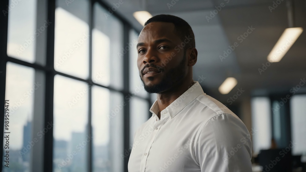 Naklejka premium twenties african man in white attire on office background model portrait looking confident for ad concept space for text