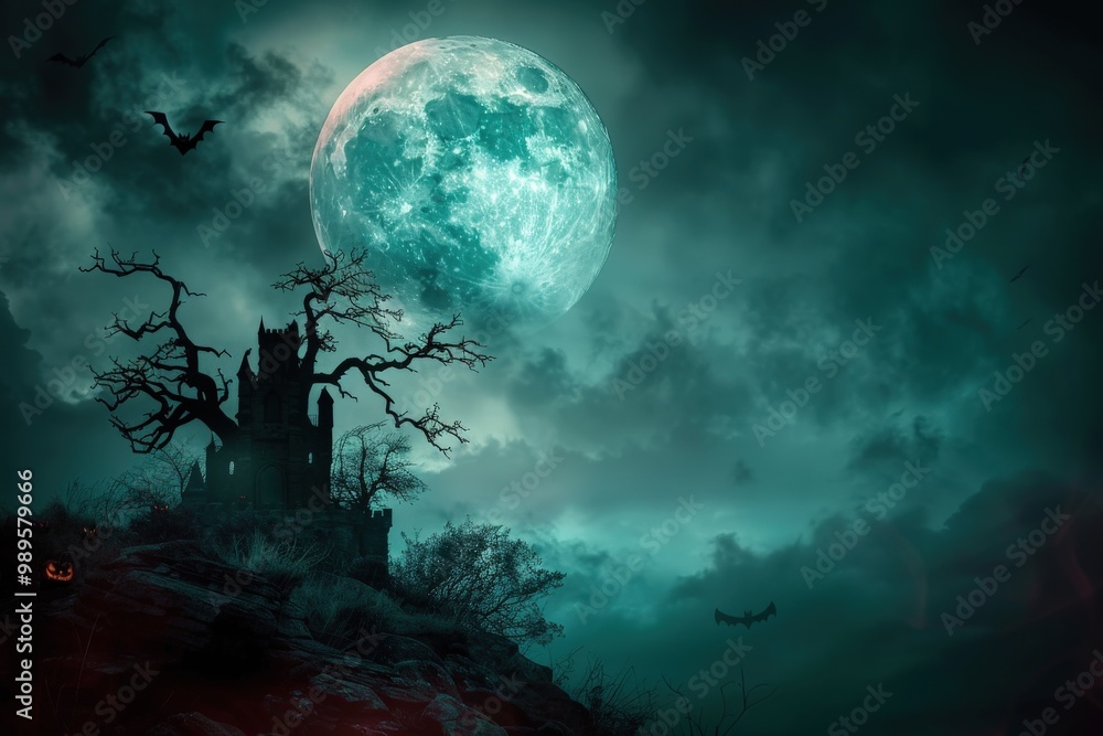 A dark and eerie scene with a large moon in the background, generative ai A dark and eerie scene with a large moon in the background, generative ai