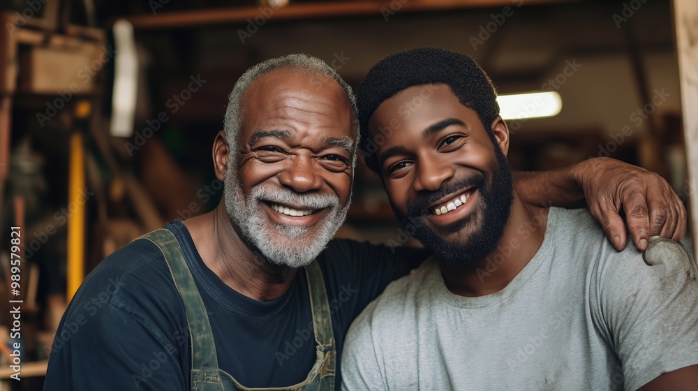 A joyful moment shared between a grandfather and grandson in a workshop on a bright afternoon A joyful moment shared between a grandfather and grandson in a workshop on a bright afternoon