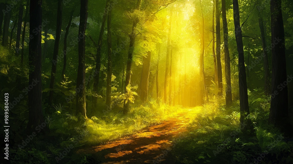 Fototapeta premium Sunlit Forest Path Through Lush Green Trees