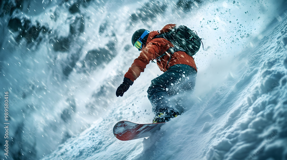 A snowboarder racing down a narrow icy chute in high winds snow whipping around them as they descend.