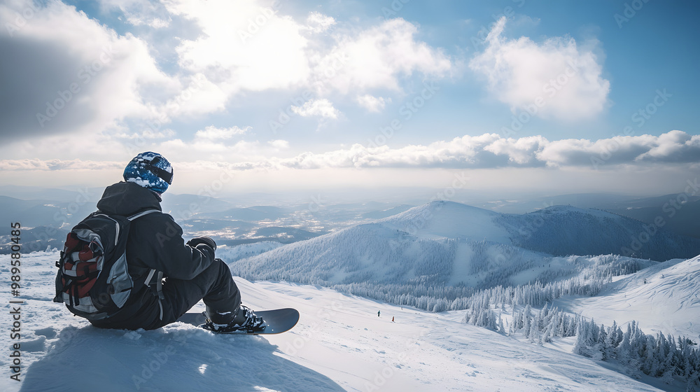 A snowboarder resting at the top of a mountain looking at the vast snowy landscape below.