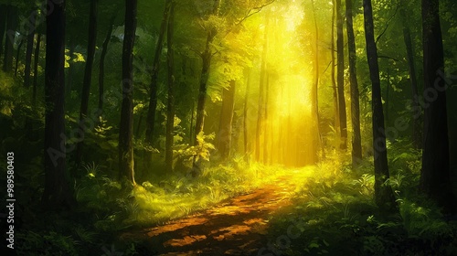 Sunlit Forest Path Through Lush Green Trees