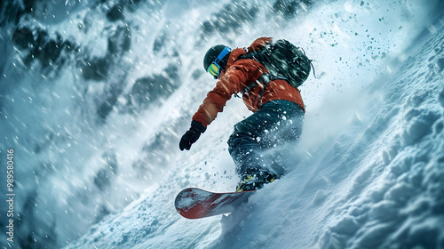 Obraz na płótnie A snowboarder racing down a narrow icy chute in high winds snow whipping around them as they descend. w salonie