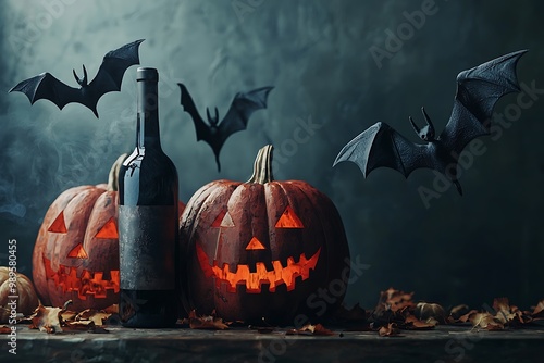 Halloween pumpkins glow beside a wine bottle, under a bat-filled sky.