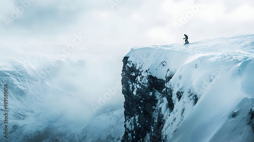 A snowboarder riding along the edge of a sheer cliff the snow falling away sharply to the valley below.