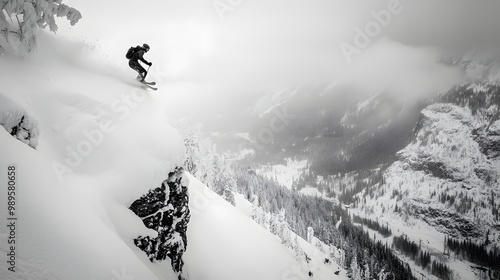Obraz na płótnie A snowboarder riding along the edge of a sheer cliff the snow falling away sharply to the valley below. w salonie
