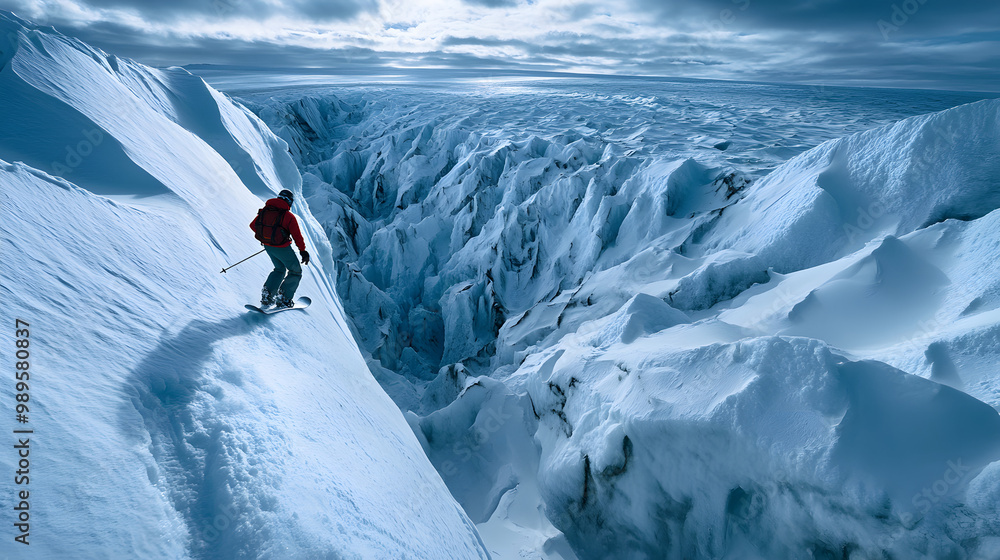 A snowboarder riding down a glacier with crevasses and jagged ice formations the vast ice field stretching out below.