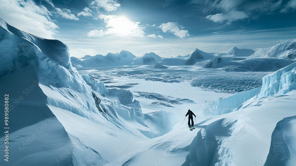 A snowboarder riding down a glacier with crevasses and jagged ice formations the vast ice field stretching out below.
