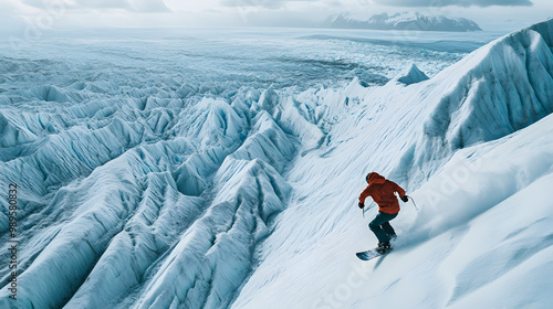 A snowboarder riding down a glacier with crevasses and jagged ice formations the vast ice field stretching out below.