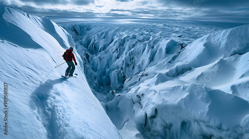Obraz na płótnie A snowboarder riding down a glacier with crevasses and jagged ice formations the vast ice field stretching out below. w salonie