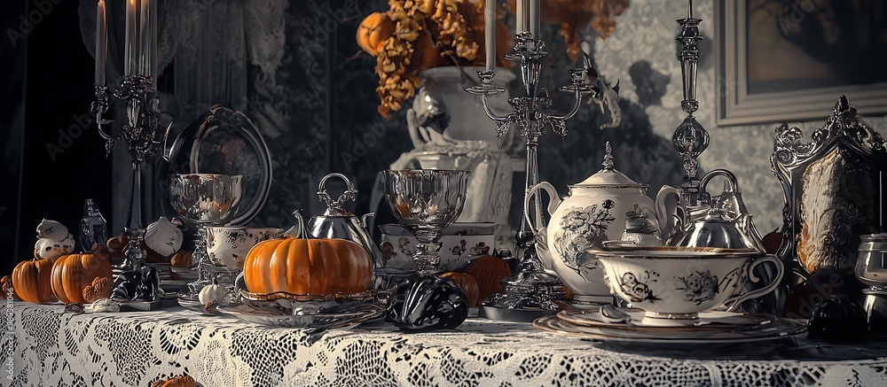 Spooky Victorian tea party for Halloween with antique lace and themed fine china. Spooky Victorian tea party for Halloween with antique lace and themed fine china.