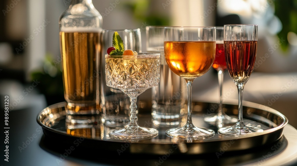 Cocktail glasses at home on a tray, ready for partygoers Cocktail glasses at home on a tray, ready for partygoers