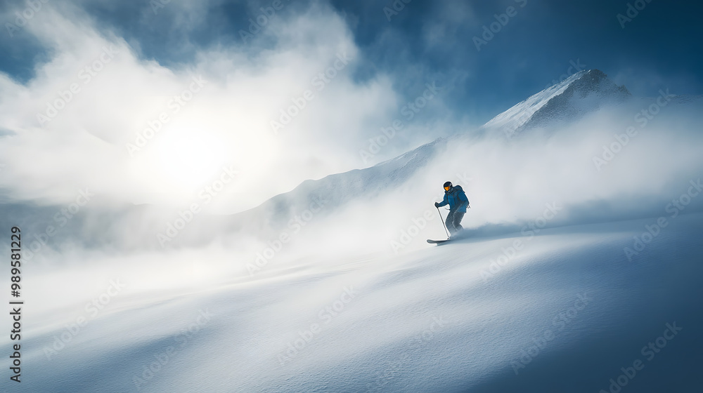 A snowboarder riding through untouched powder on a remote mountainside with distant peaks barely visible through the fog.