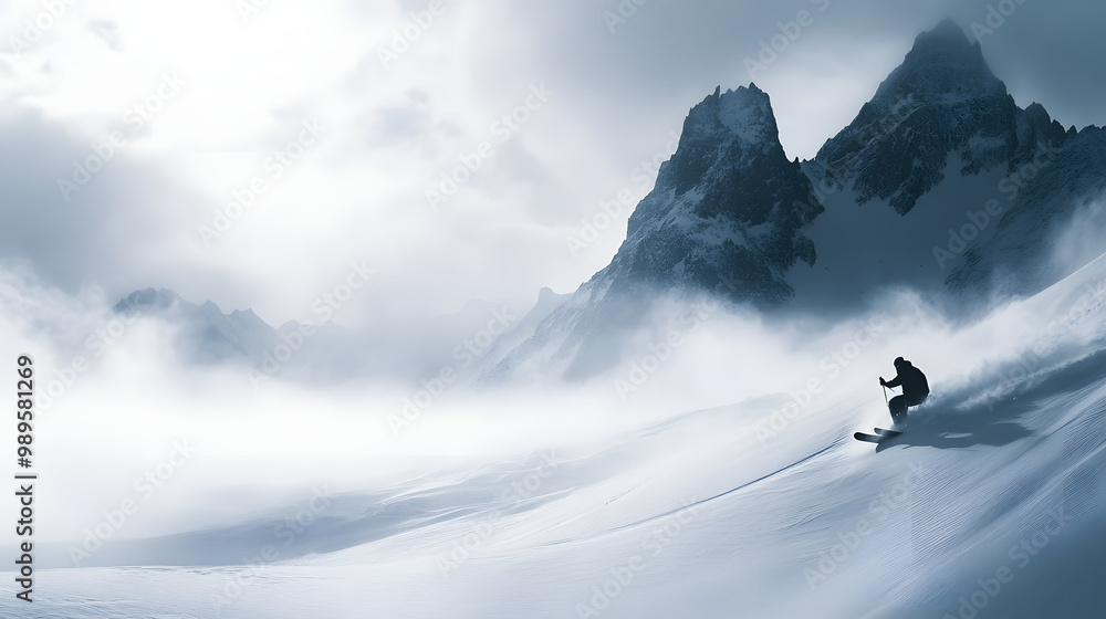 A snowboarder riding through untouched powder on a remote mountainside with distant peaks barely visible through the fog.
