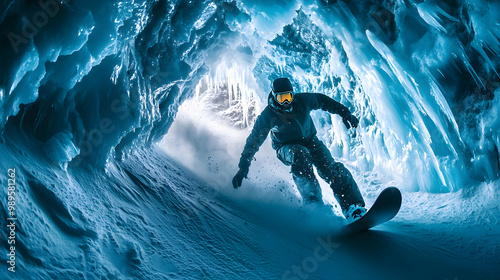 Obraz na płótnie A snowboarder riding through a tunnel of ice surrounded by blue-tinted walls of frozen snow and ice formations. w salonie