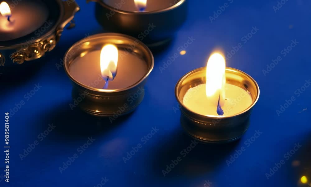 Close-up shot of three burning candles in brass holders on a blue surface. video Close-up shot of three burning candles in brass holders on a blue surface. video