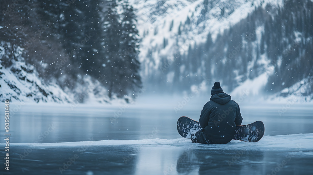 A snowboarder sitting at the edge of a frozen lake resting with their board in hand as snow lightly falls around them.