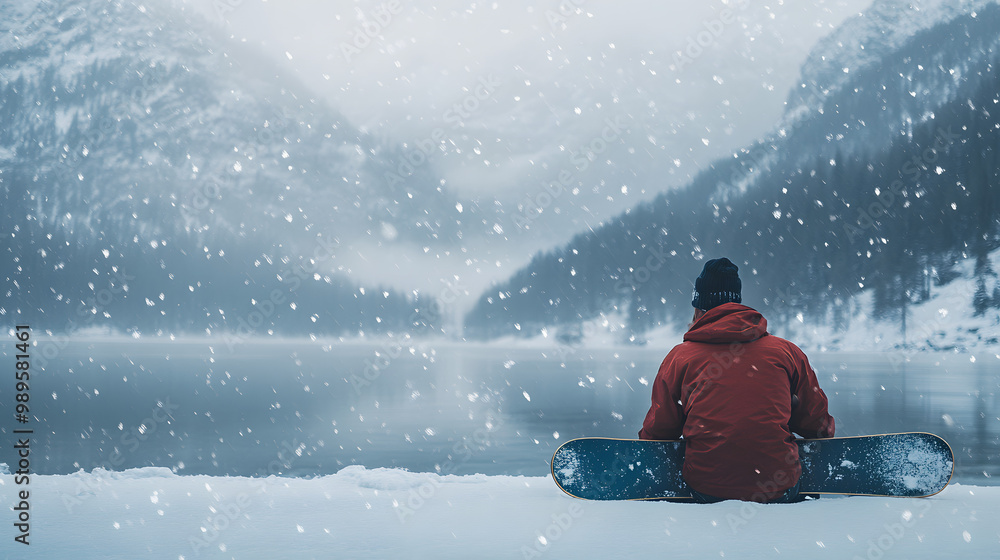 A snowboarder sitting at the edge of a frozen lake resting with their board in hand as snow lightly falls around them.